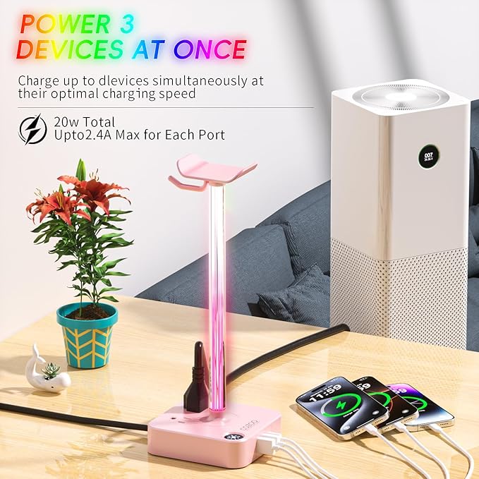 cozoo Gifts for Teen Girls Cute Pink RGB Headphone Stand & Charging Station, 3 USB 2 AC Outlets - Stylish Gaming Headset Holder, Desk & Game Room Decor, Christmas Gifts for Girlfriend, Women, Gamers