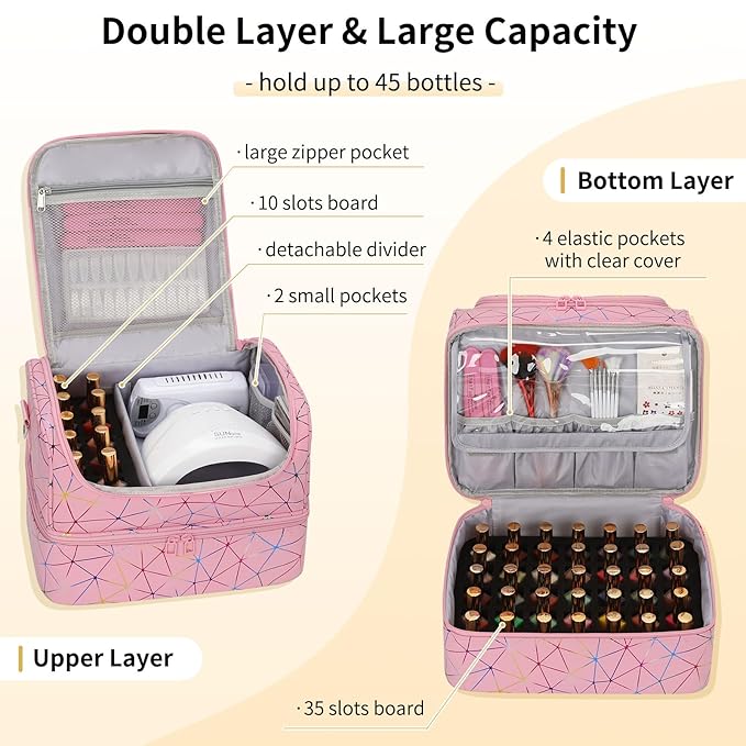 CUBETASTIC Nail Polish Organizer Bag, Double Layer Nail Tech Travel Case Holds 45 Bottles & Full-Size Lamp, Portable Manicure Storage Box for Nail Supplies, Tools & Dip Powder - Pink
