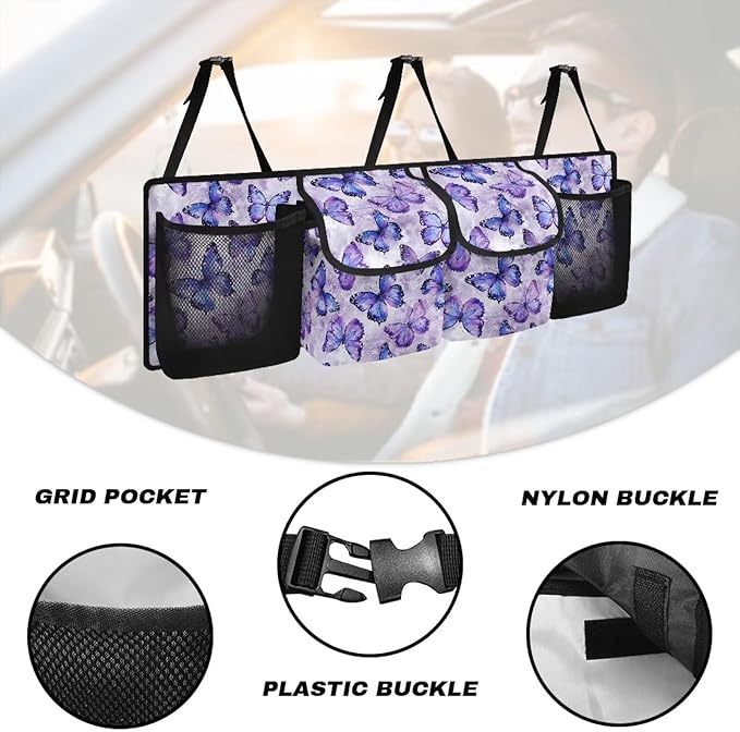 Purple Butterfly Car Trunk Organizer with Lid Backseat Hanging Storage Bag Waterproof Collapsible Cargo Bag Auto Organizer for SUV, Truck, Van