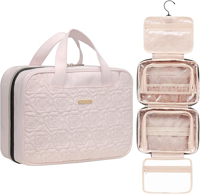 Everfun Hanging Toiletry Bag for Travel, Mothers Day Gift for Mom, 11x7.75x4.5 inch Medium Capacity Cosmetic Organizer with Leakproof Wet/Dry Compartment, Waterproof Dopp Kit for Women Pink