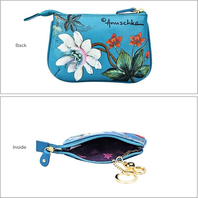 Anuschka Women’s Hand-Painted Genuine Leather Medium Zip Pouch - Coin and Key Pouch - Zippered, 2 Key Fobs