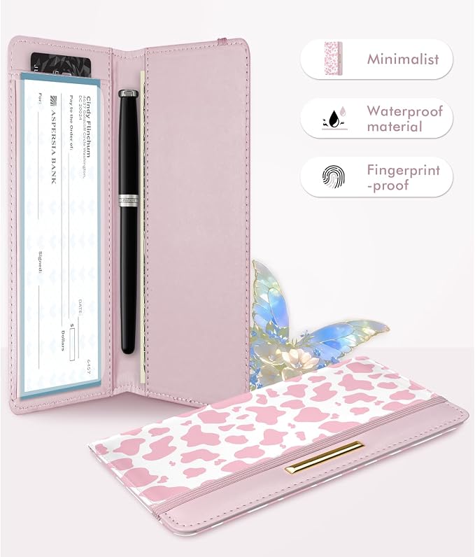 Letter Checkbook Cover, RFID Blocking Checkbook, Stylish, Lightweight, Slim Durable, Multi-Functional Checkbook Holder for Personal and Business Checks (Cow-Pink)