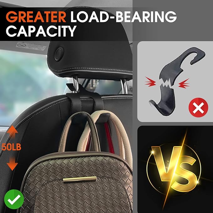 Car Headrest Hooks for Purses and Bags, Upgraded 2 in 1 Cars Back Seat Head Rest Hanger Vehicle Leather Organizer Storage Holder Hook Matching Cars Interior, 2-Pack, Black
