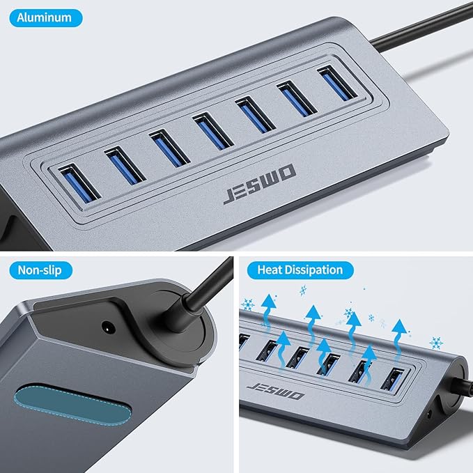 Powered USB Hub, JESWO 7-Port USB 3.0 Hub, Aluminum USB Data Hub with 3.3ft Cable, USB Hub 3.0 Powered with 5V/4A Power Adapter for MacBook, Notebook PC, USB-Flash Drives, Mobile HDD and More (Grey)