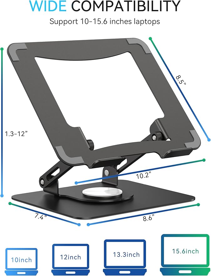 SOUNDANCE 360 Rotating Laptop Stand, Ergonomic Computer Riser for Desk, Adjustable Height Multi-Angle Metal Holder, Foldable Portable Notebook Elevating Base for Office & Home, Black