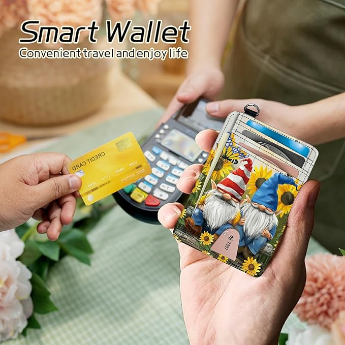 Small Travel Wallets, Garden Gnome Slim Minimalist Front Pocket Wallet with Wristlet, RFID Blocking PU Leather Credit Card Holder with ID Window Change Purse for Men Women