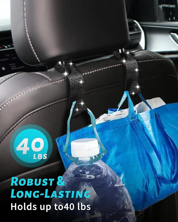 Sparkling Car Seat Hooks, 4 Pack, Black Purse Holder for Car Headrest, Chic Automotive Accessories for Women Essentials Handbag Clothes Coats Grocery Bags