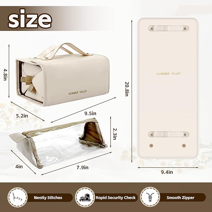 YDR 4-in-1 Travel Makeup Bag with Detachable Pouches, Large Hanging Toiletry Organizer for Women, Waterproof PU Leather Cosmetic Bag for Brushes, Toiletries & Skincare, Portable Roll Up Case