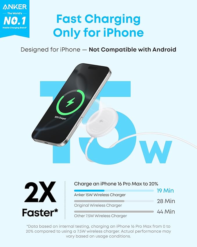 Anker Zolo Magnetic Wireless Charger, Qi2 Certified 15W MagSafe-Compatible Wireless Charging Pad, for iPhone 17/16/15/14/13/12 Series, AirPods, and More (Not for Pixel, Adapter Not Included)