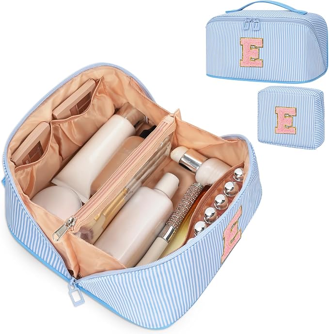 2026 Graduation Gifts - Travel Makeup Bag for Women, 2Pcs Portable Personalized Initial Makeup Organizer Bag, Open Flat Large Cosmetic Bag With Travel Essential Pouch (Blue Letter E)