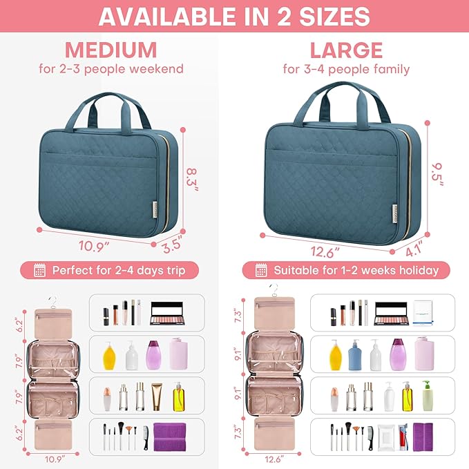 HXLGMD Travel Size Toiletry Bag for Women, Portable Cosmetic Bag with Hanging Hook, Travel Essentials Water-resistant Makeup Organizer for Accessories, Shampoo, Full-size Container, Toiletries
