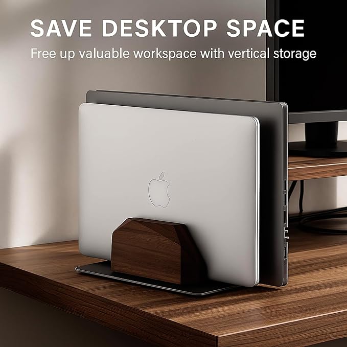 Walnut Wood Vertical Laptop Stand, Dual Slot Wooden Laptop Holder Vertical for Desk, Width Adjustable Dock Compatible with MacBook Pro and Universal Gaming Laptops