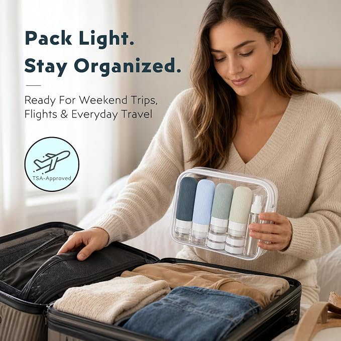 16 Pack Travel Bottles Set - TSA Approved Toiletry Bottles, Leak Proof Refillable Silicone Travel Size Containers with Jars, Spray Bottles, Funnel, Brush & Clear Bag for Carry-On, Camping & Vacation