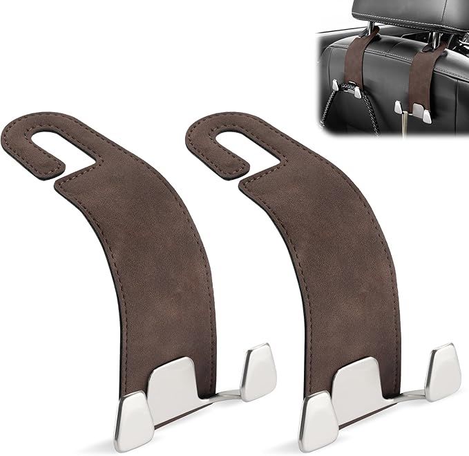 GaRhomxy Car Seat Headrest Hook, Premium Suede Double Hook 2 Pack, Universal Hanging Accessories for Purse, Bag, Groceries - Car Interior Accessories (Brown)