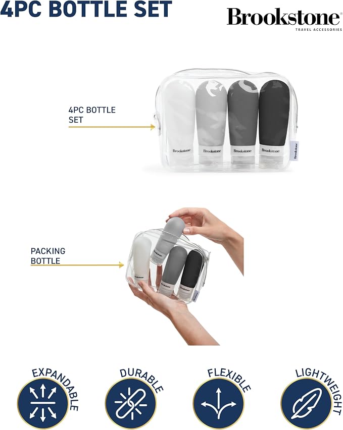 Brookstone Travel Bottles for Toiletries - 4 Pack 3.4 oz TSA Approved Leak Proof Refillable Silicone Travel Size Containers, Grey Black
