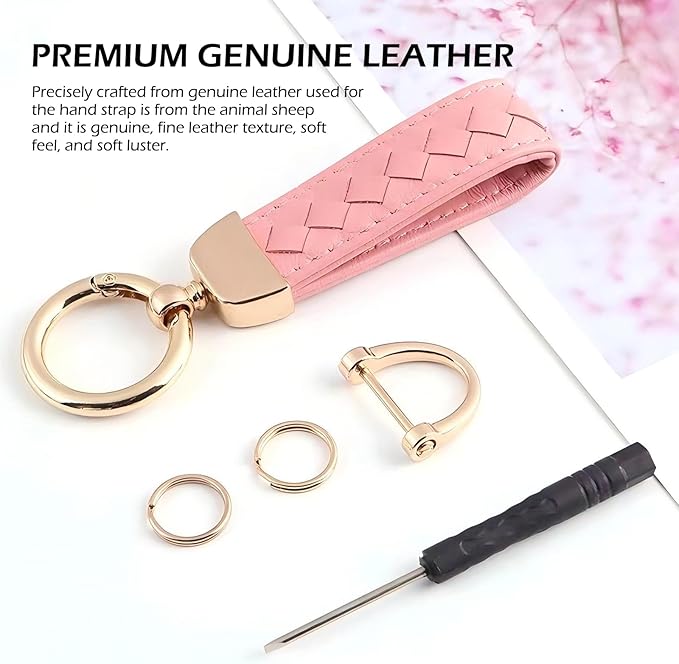 Car Keys Keychain, Leather Key Chain, Pink Leather Wristlet Keychain with 2 Key Ring andAnti-Lost D-Ring, Keyfob holder for Women Men (Pink)