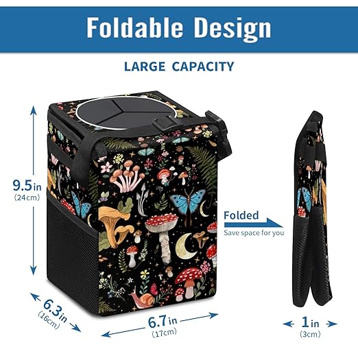 Car Trash Can with Lid Vintage Mushroom Ferns Floral Collapsible Reusable Leak-Proof Auto Garage Bag,Hanging Vehicle Car Accessories Interior Car Organizer