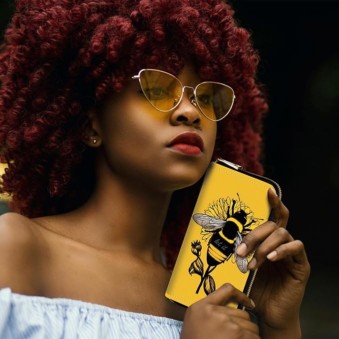 RFID-Blocking Zip Around Wallets for Women with Detachable Wrist Strap,Large Capacity Phone Holder with Card Organizer & Coin Pocket,Honeybee Flower