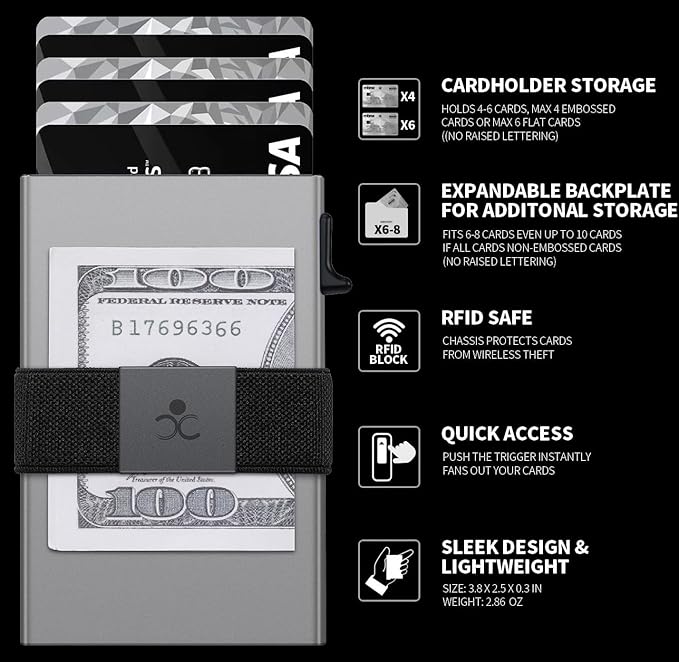 SEMORID Slim Aluminum Card Holder Wallet for Men, Durable Expandable Backplate, RFID Blocking Minimalist Metal Pop Up Wallet, Holds 12 Cards Plus Cash (Grey)
