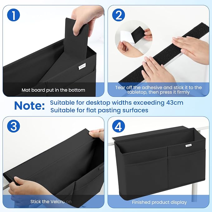 Desk Side Hanging Organizer, Adhesive Storage Bag with Pockets for Magazine Ipad Notebook, for End Tables Home Office Desks Computer Workstations Dressing Table, Black