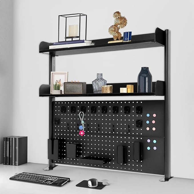 Clamp on Desk Shelf with Pegboard, Desk Extender Pegboard Workstation, Desktop Bookshelf Storage Shelves for Home Office Dorm, 37.4in (Black)
