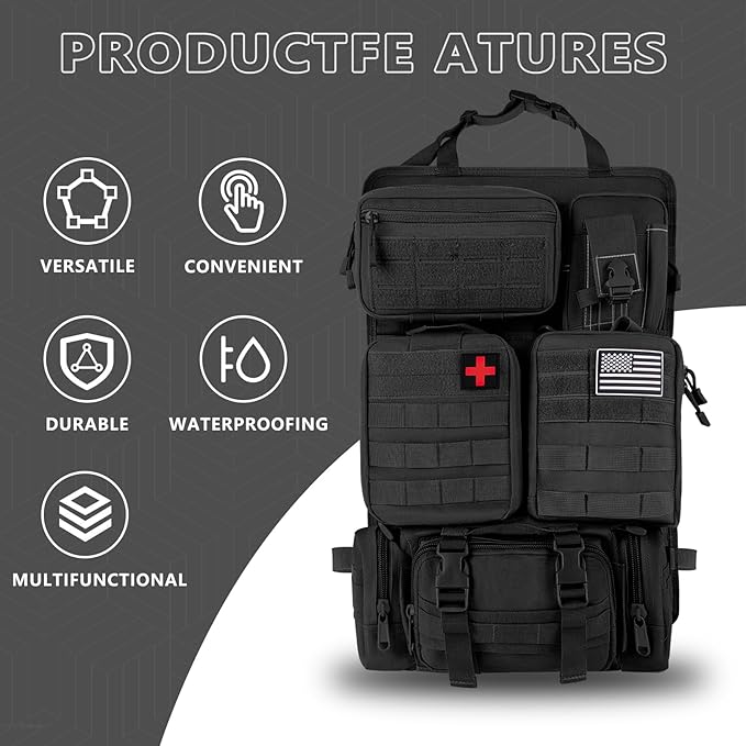 Tactical Car Seat Back Organizer Bag - Tactical Molle Vehicle Organizers Panel with 5 Detachable Pouches for Car Truck Ford Jeep Vehicle (Black Regular)