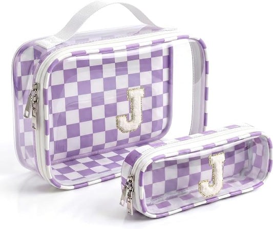 Beach Makeup Bag Set for Women-Monogram Personalized Initial Sunscreen Makeup Bags Cosmetic Pouch Make Up Case for Women Her Best Friend Friendship Sister,Summer Beach Gifts for Girls(J,Purple&Beige)