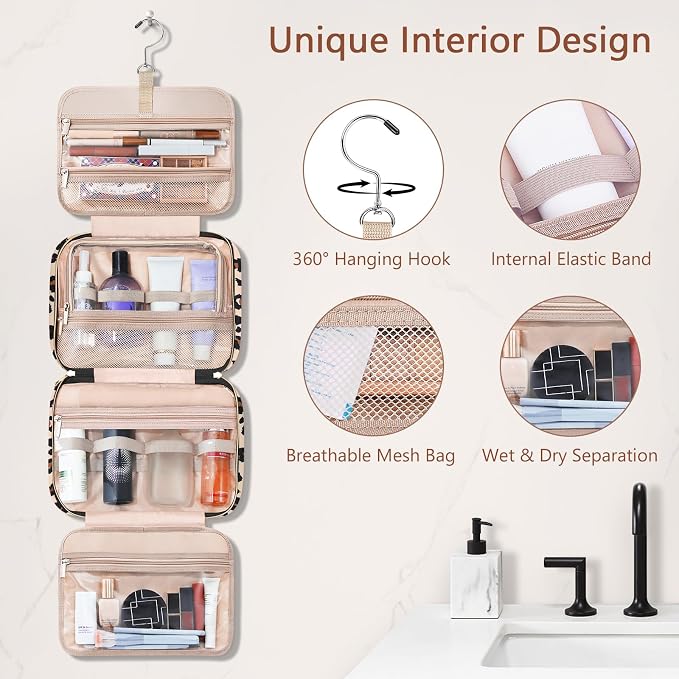Wedama Toiletry Bag for Women, Hanging Travel Toiletry Bag with Jewelry Organizer Compartment Large Makeup Bag, PVC Waterproof Cosmetic Travel Bag Trips Camping Bathroom, Leopard Print