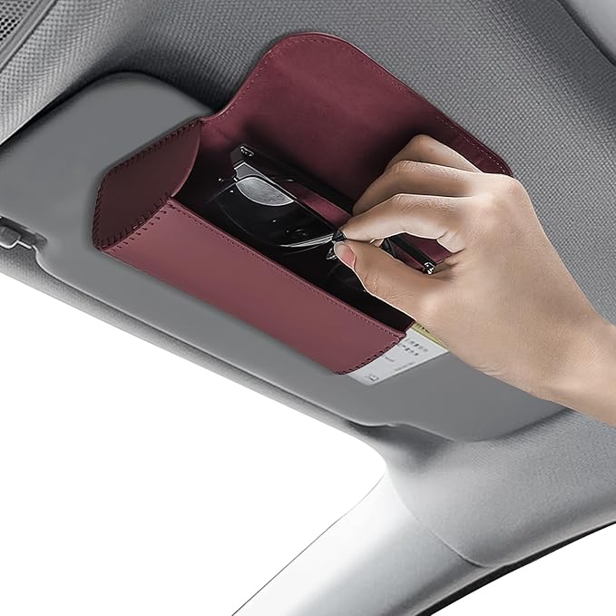 Sunglasses Holder for Car Sun Visor, Leather Auto Eyeglasses Storage Case with Hidden Magnetic Closure, Universal Protective Glasses Organizer Box, Visor Accessories for Woman Man (Wine red)