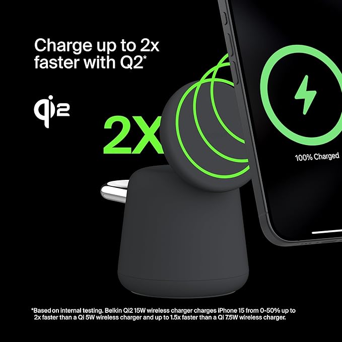 Belkin 2-in-1 Qi2 Wireless Charging Dock 15W Fast Charge iPhone Charger Compatible with iPhone 17, 16, 15, 14, and 13 Series, AirPods, and Other Qi2 Enabled Devices, Includes Power Supply - Black