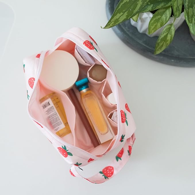 Tiny Twinkle Waterproof Travel Toiletry & Makeup Bag Organizer | Makeup Pouch with Multiple Compartments & Snap Handle for Travel | Gift for Teen Girls and Women (Strawberries)