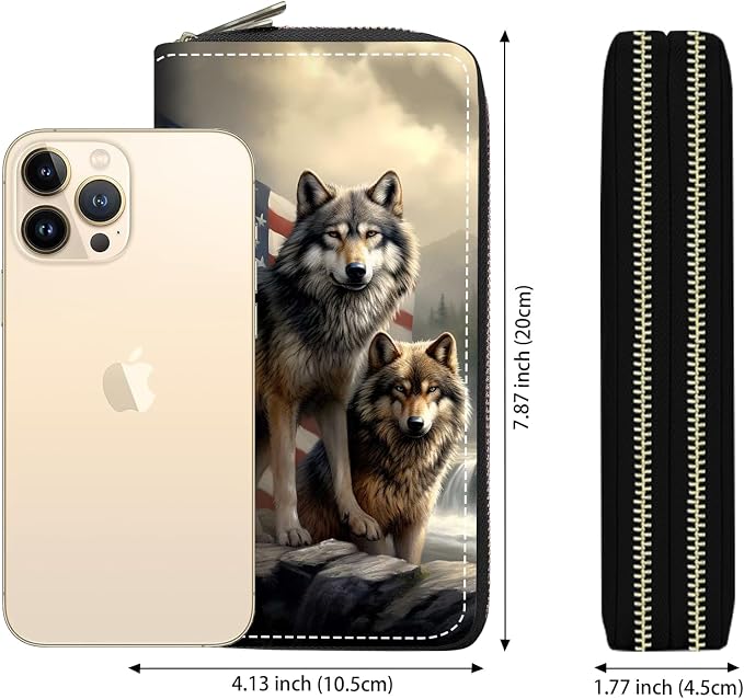 Women's Large Capacity Wallet PU Leather Double Zipper Clutch Purse Multifunctional Wallet with Removable Wristlet Strap for Smart Phone/Coin/Card/Cash - American Flag Wolf