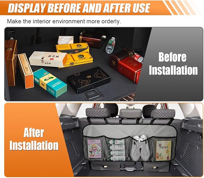 Car Trunk Organizer, Large Capacity Backseat Hanging Storage Bag with 4 Pockets, Waterproof Foldable Car Interior Organizing Accessories, Universal for SUV, Truck, Van, MPV (Grey)