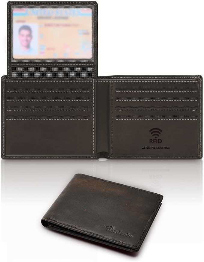Travelambo Genuine Leather Wallet for Men with Gift Box - Handmade Bifold Stylish - Mens Wallets Rfid Blocking with 2 ID Windows