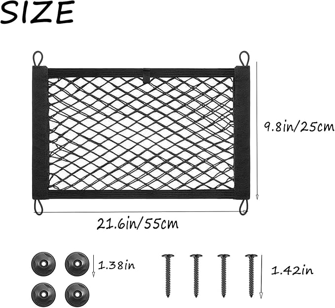 ZMD 2PCS Small Cargo Net Pocket Storage Mesh Net Elastic Automotive Cargo Nets Storage Pouch for Car Trunk Net, RV, Boat Storage Mesh Pocket Net with 8 Mounting Screws and Hooks (21.6 x 9.8 Inches)