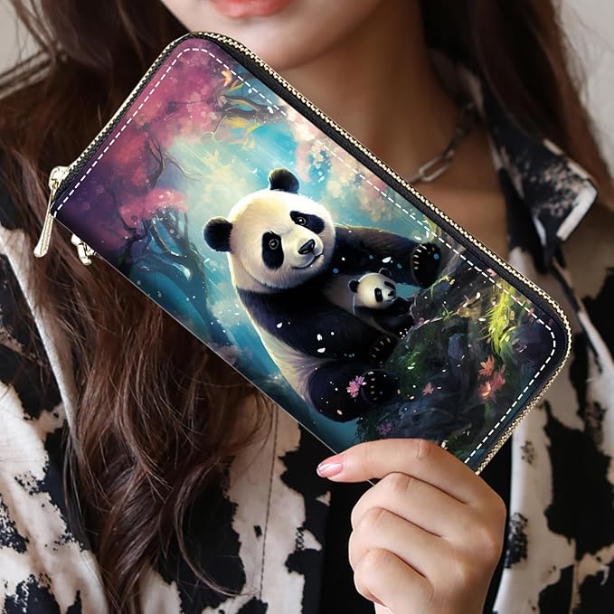 Women's Large Capacity Wallet, Portable PU Leather Zipper Wallet for Smart Phone/Card/Coin/Cash, Multifunctional Clutch Wallet with Removable Wristlet Strap, Cute Panda