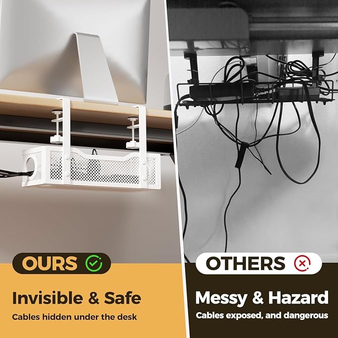 Under Desk Cable Management Tray, Heavy Duty Steel Wire Cord Organizer 13.4 Ich for Computer Desk, No Drill Adhesive or Screw Mount Options, Power Strip Holder for Home | Office | Shop (Silver)