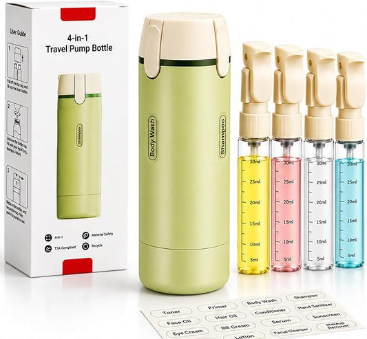 4 in 1 Travel Dispenser Bottles Shampoo Refillable Leak Proof TSA Compliant Size Containers Toiletries Toiletry with Pump Design Portable Organizer Conditioner Lotion Cream Vacation (Green)