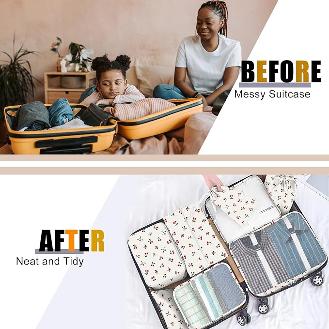 Packing Cubes for Travel - 8 Set Luggage Organizer Bags for Family, Mesh Breathable Packing Cubes for Suitcases Durable Travel Essentials Bags Set (White Cherry)