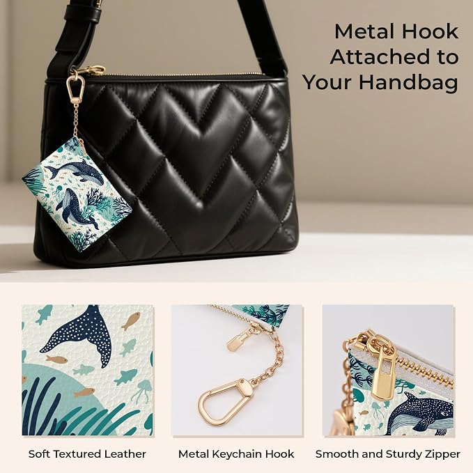 Whale Aesthetic Keychain Coin Purse for Women, Small PU Leather Change Pouch, Zipper Little Tiny Travel Wallet for Girls, Cute Kawaii Zip Pocket Coin Holder with Key Ring