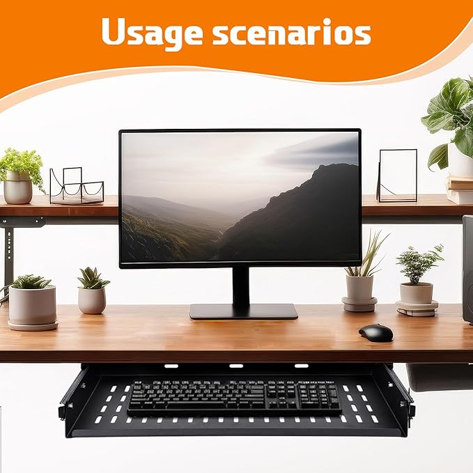 Sliding Under Desk Laptop Mount Shelf with Air Vents 16.3" W x 12" D Metal Under Desk Slide Out Tray Laptop Storage Tray for Home Office Standing Desks Workstations Cabinet Gaming