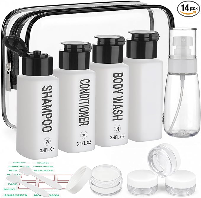 14PCS 3.4oz Travel Bottles for Toiletries Pre-Printed Shampoo, Conditioner, Body Wash, Wide Mouth Containers TSA Approved 2oz Travel Spray Bottle Leak Proof Plastic Cream Jars(Black&White)