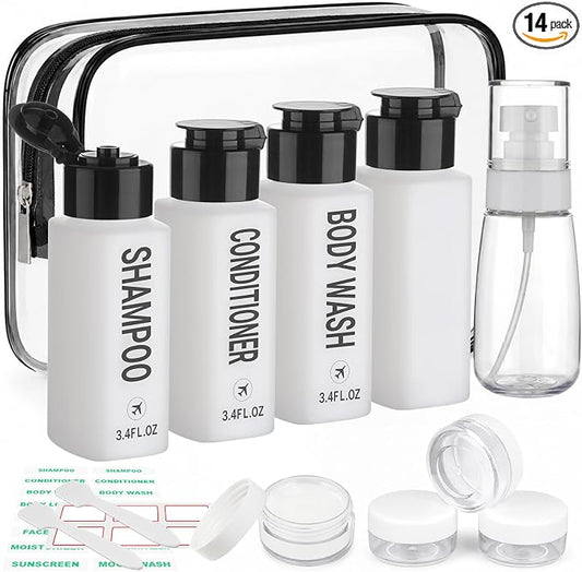 14PCS 3.4oz Travel Bottles for Toiletries Pre-Printed Shampoo, Conditioner, Body Wash, Wide Mouth Containers TSA Approved 2oz Travel Spray Bottle Leak Proof Plastic Cream Jars(Black&White)