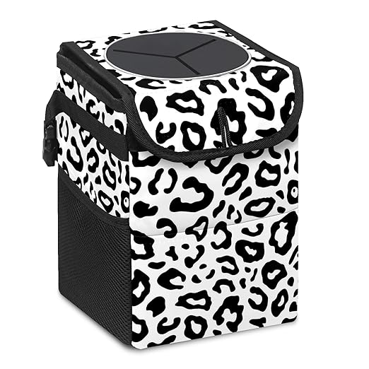 Car Trash Can Leopard Wate-rproof Auto Garbage Bag Car Trash Can with Lid Leak-Proof Car Storage Bag Hanging for Headrest Collapsible and Portable with Storage Mesh Pocket