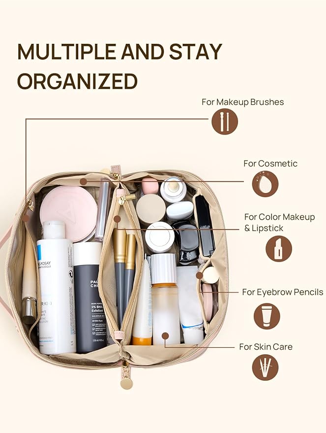 Telena Leather Make Up Bag Portable Travel Makeup Bag Waterproof Cosmetic Bags for Women Large Capacity With Handle and Divider Open Lay Flat Pink