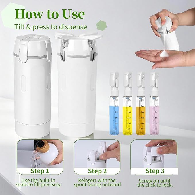 4 in 1 Travel Dispenser, Travel Bottles for Toiletries, Leak Proof Refillable Dispenser Set for Shampoo Conditioner Lotion Cream, Portable Containers for Travel, Camping & Gym (White)