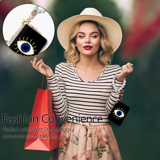 Blusabaca RFID Credit Card Holder Wallets for Women, Small Evil Eye Card Case Wallet with Removable Keychain and Zipper, Leather Card Holder Pocket Business Card Accordion Wallet