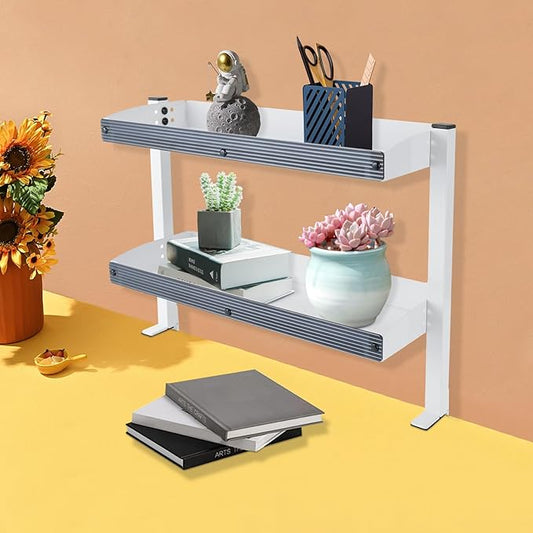 Clamp-on Desk Shelf 2 Shelves Carbon Steel Countertop Desk Extension Shelf for Storage, 22lbs Desk Extension Shelf Desk Organizer On Desk, Max Thickness 43mm/1.7in, 17.32*15.47*6.in (white)