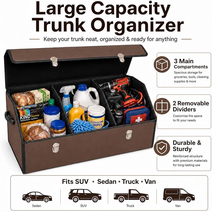 Car Trunk Organizer with Lid, Foldable Faux Leather Storage Box | Foldable design, faux leather exterior, 3 compartments