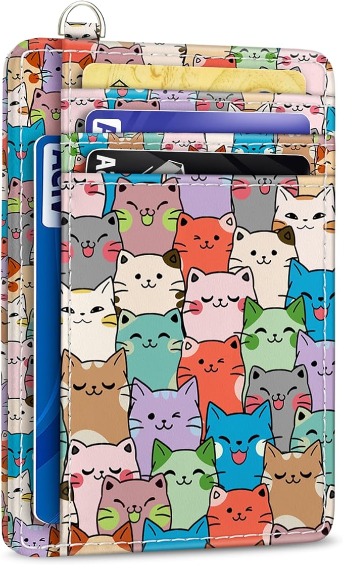 Yonlevres Cat Credit Card Holder Slim Wallet, RFID Wallet Women Front Pocket Small Card Holder, Travel Cute Funny Thin ID Window PU Leather RFID Blocking Case Organizer Gift Girls Ladies